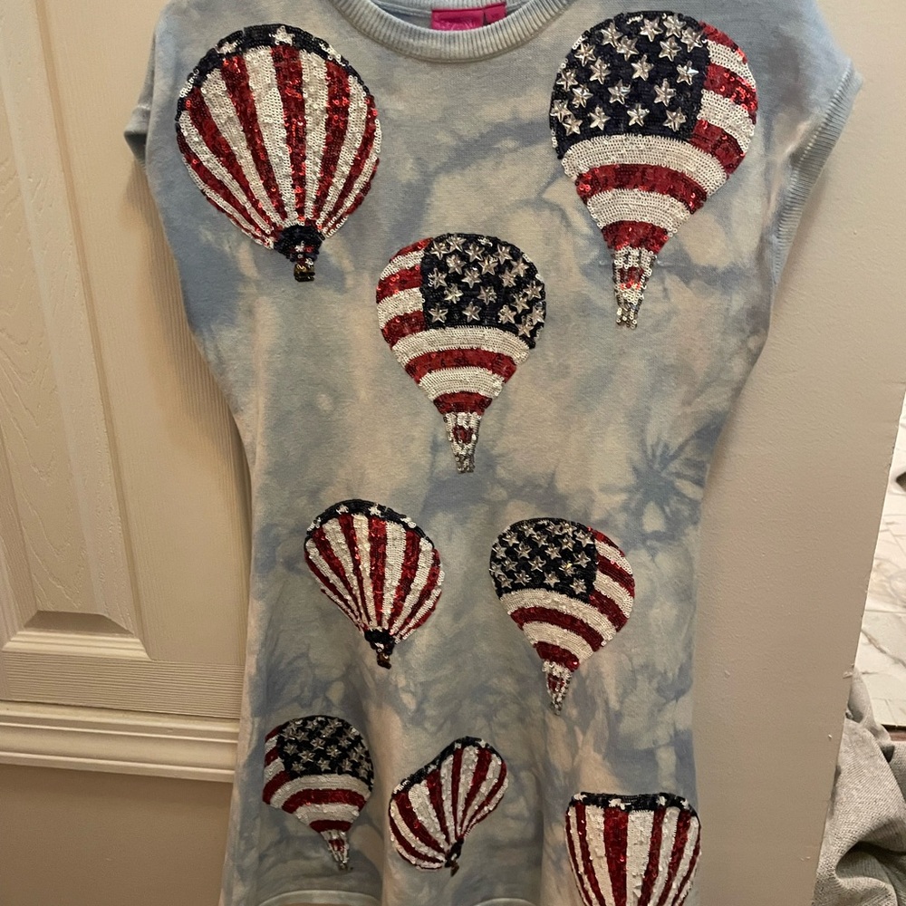 QUEEN OF SPARKLES Blue Mini Dress with Red and White Hot Air Balloons